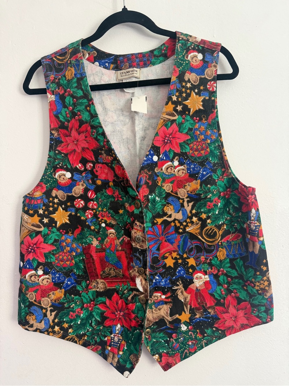 Vintage 90s Stampede Christmas Vest NWT Medium Santa Teddy Bear Holiday